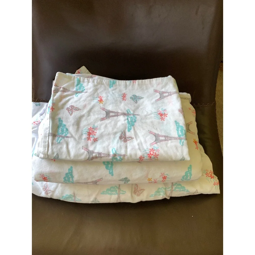 Your Zone Paris Eiffel Tower Butterfly Twin XL Cotton‎ Sheet Set White Pink Teal